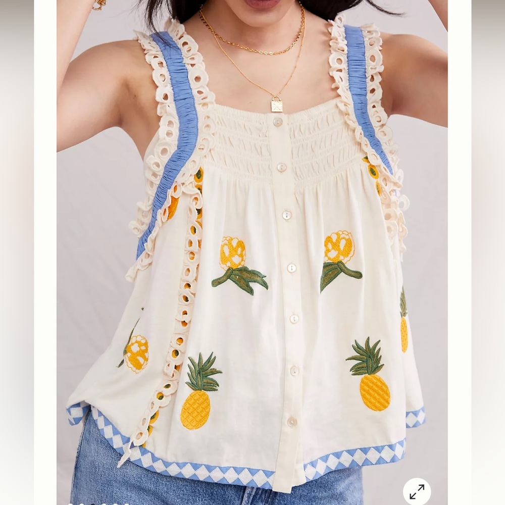 Anthropologie Cream Tank Top with Yellow Pineapple Embroidery and Blue Trim
